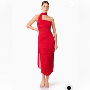 elliatt darya red ruched long neck scarf detail mesh midi dress size small NEW